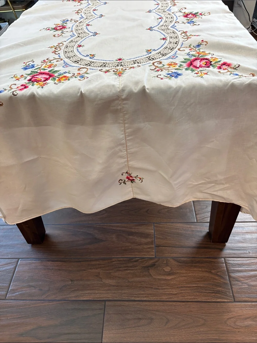 Vintage Large Embroidered & Crochet Floral Tablecloth White, Pink & Multicolor